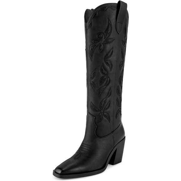 Women Knee Black Faux Leather Pull On Tab Chunky Heel Pointed Toe Unique Boots - Picture 1 of 7